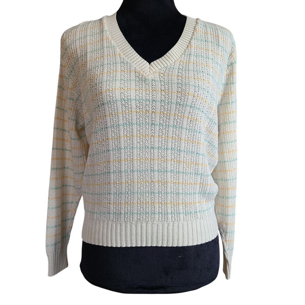 VTG Catalina V Neck Open Knit Sweater Womens Large Cream Pastel Stripe Soft Girl